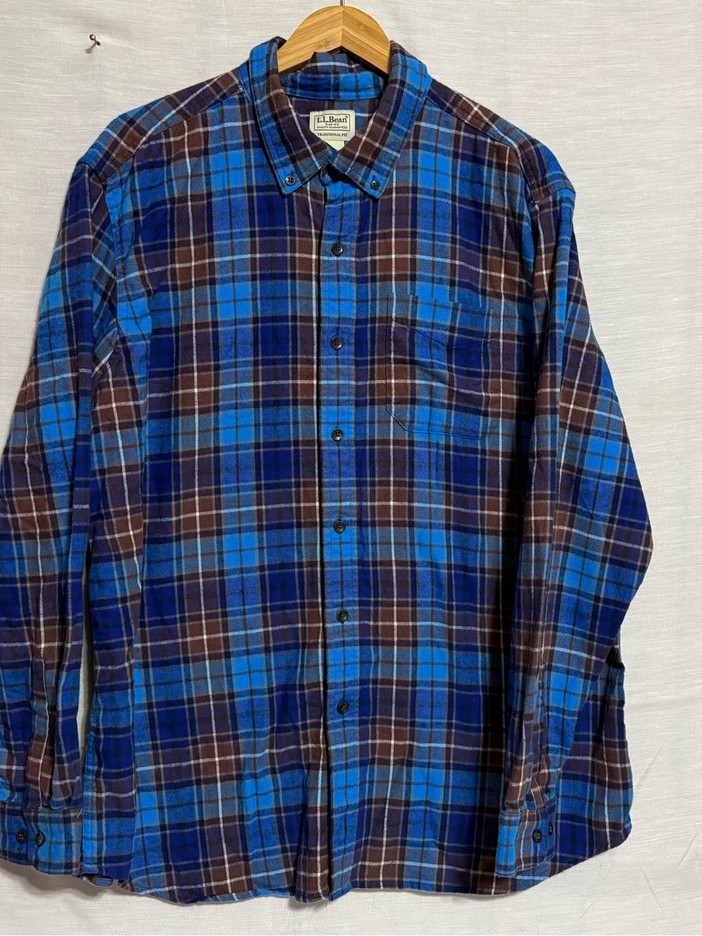 L.L.Bean Traditional Fit Plaid Flannel Shirt Men’s XL Blue Brown Cotton